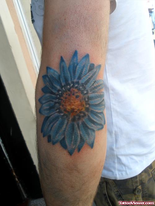 Blue Daisy Flower Elbow Tattoo