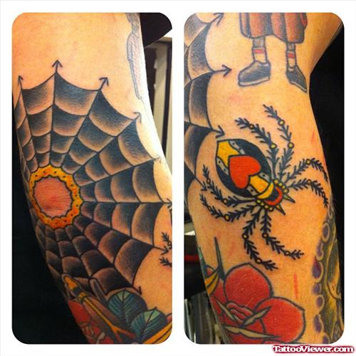 Attractive Spider And Spider Web Elbow Tattoo