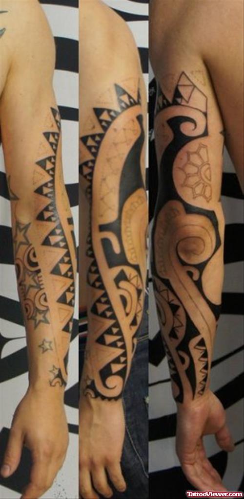 Stars And Tribal Flowers Elbow Tattoo