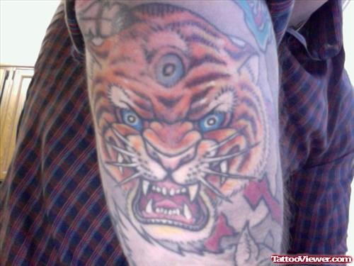 Color Tiger Head Elbow Tattoo