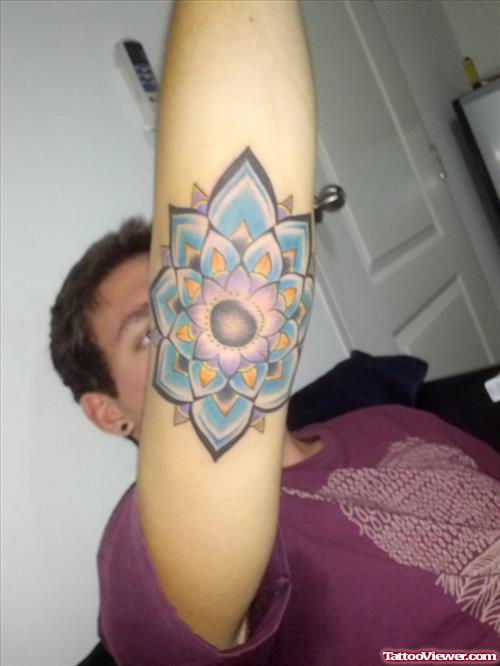 Blue Mandala Flower Elbow Tattoo