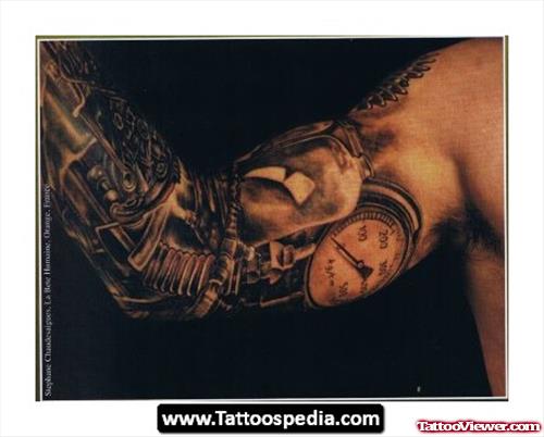 Biomechanical Pocet Watch Elbow Tattoo
