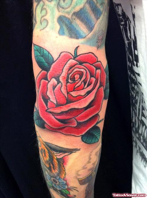 Red Rose Elbow Tattoo