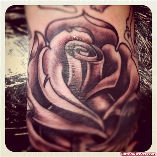 Grey Ink Rose Flower Elbow Tattoo