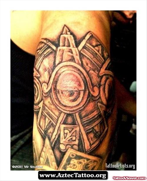 Grey Ink Aztec Elbow Tattoo