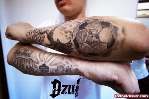 Grey Ink Football Elbow Tattoo