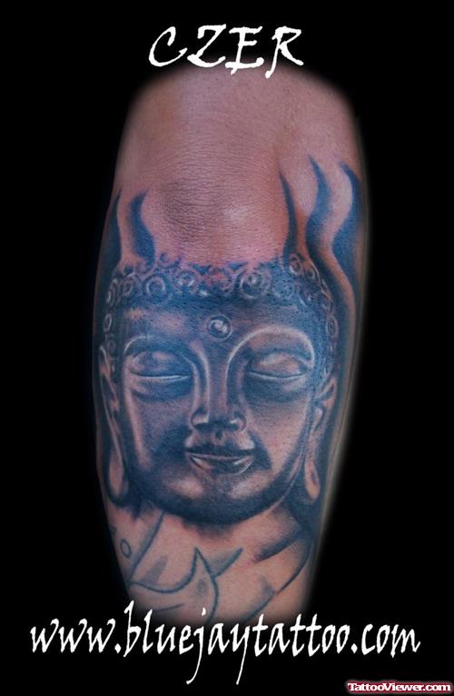 Grey Ink Buddha Elbow Tattoo