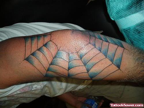 Blue Spider Web Elbow Tattoo