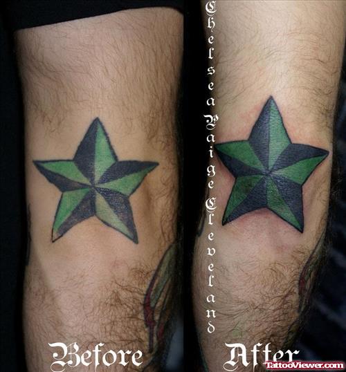 Black And Green Nautical Stars Elbow Tattoo