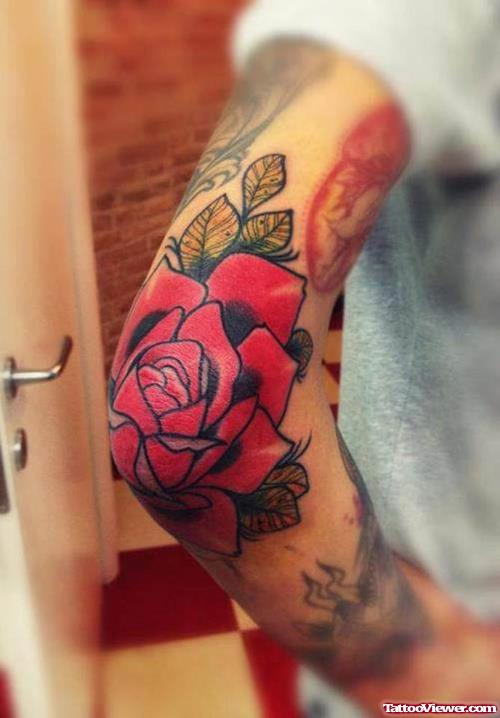 Awesome Red Rose Elbow Tattoo For Guys