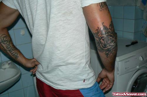 Good Grey Rose Flower Elbow Tattoo