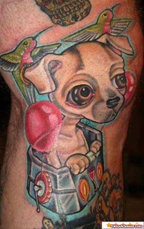 Flying Hummingbirds And Dog Elbow Tattoo