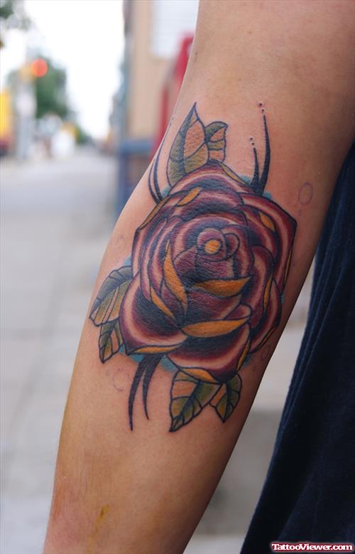 Beautiful Tribal And Red Rose Elbow Tattoo
