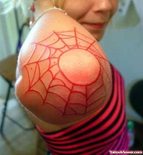 Best Red Ink Spider Web Elbow Tattoo