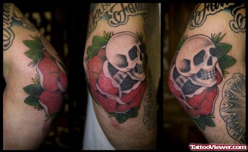 Beautiful Grey Skull And Red Rose Elbow Tattoo