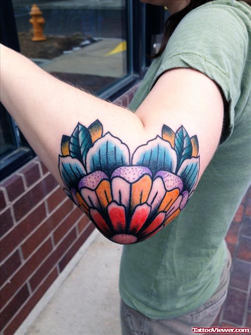 Awesome Colored Flower Elbow Tattoo