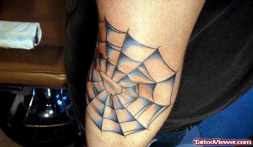 Blue Ink Spider Web Elbow Tattoo