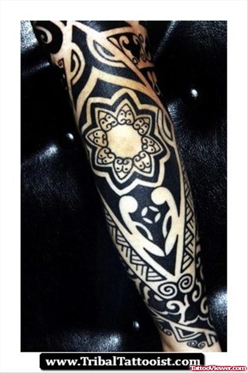 Black Tribal And Samoan Elbow Tattoo