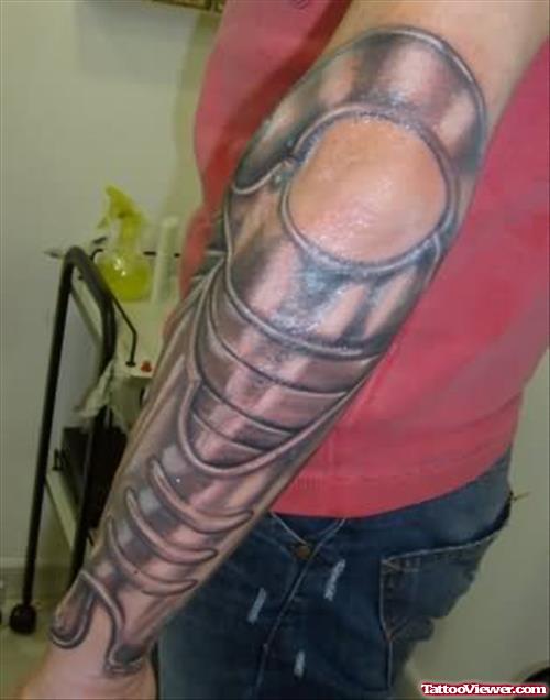Biomechanical Grey Ink Elbow Tattoo