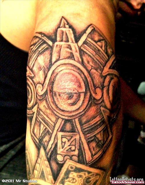 Awful Grey Ink Aztec Elbow Tattoo