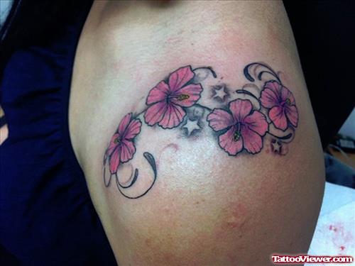 Awesome Hibiscus Flowers Elbow Tattoo
