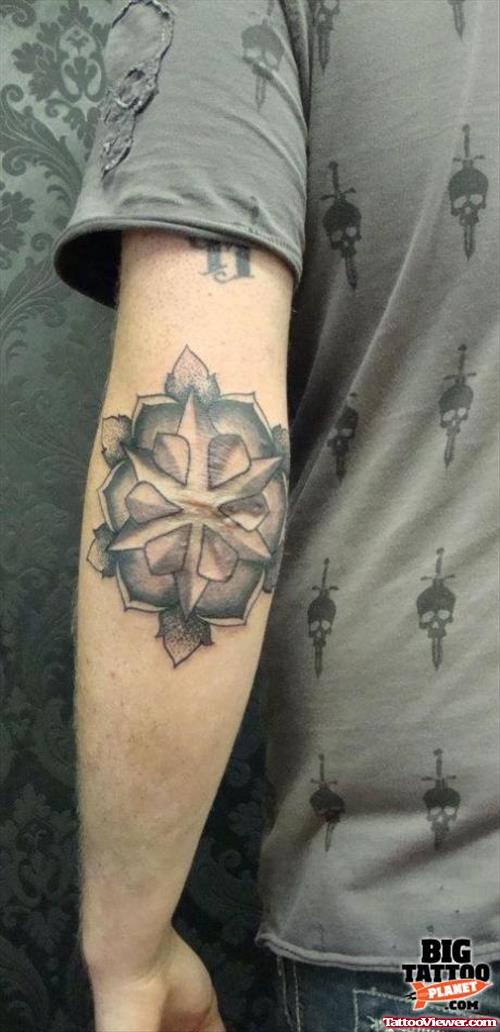 Amazing Grey Mandala Flower Elbow Tattoo