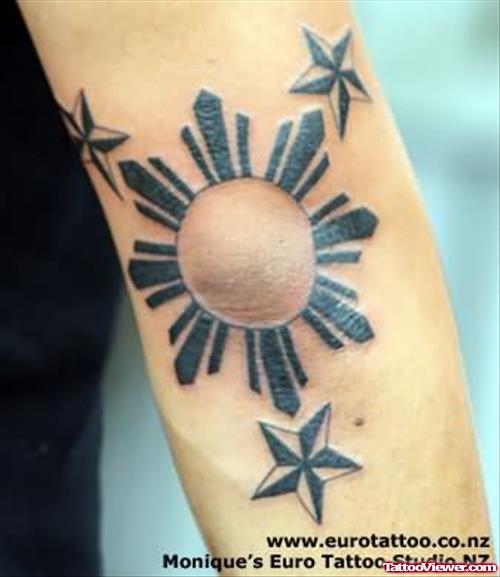 Star And Design Tattoo On Elbow