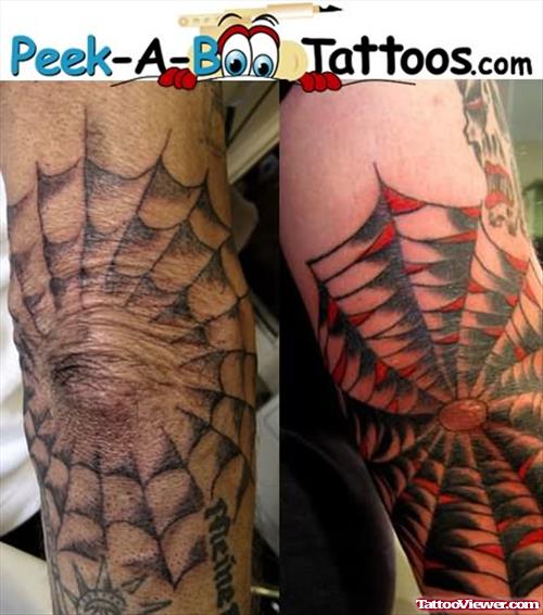 Spider Web Tattoos On Elbow For Couple