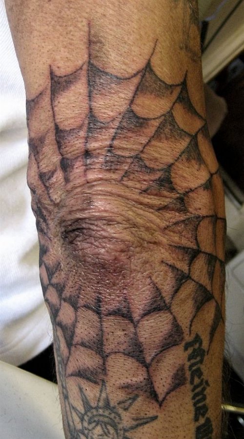 Good Grey Ink Spider Web Elbow Tattoo