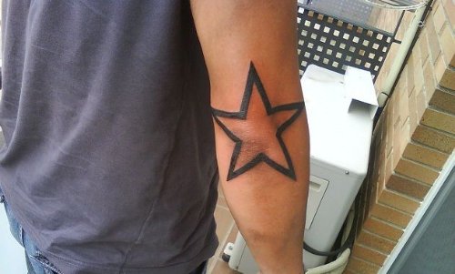 Amazing Black Star Tattoo On Right Elbow