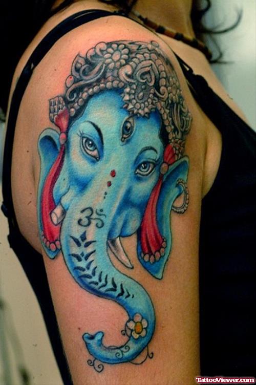 Blue Religious Elephant Head Tattoo On Half Sleeve