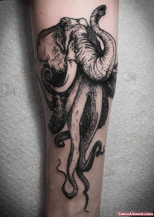 Grey Octopus With Elephant Head Tattoo