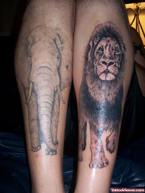 Grey Ink Lion And Elephant Tattoos On Legs