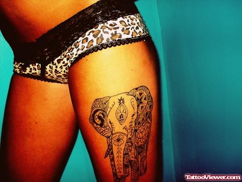 Girl Left Thigh Elephant Tattoo