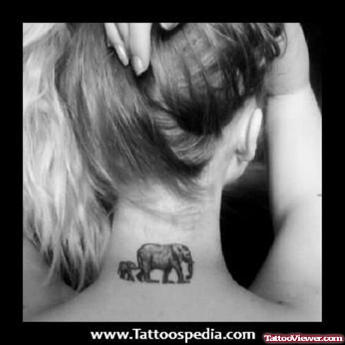Baby Elephant With Mother Elephant Tattoo On Nape