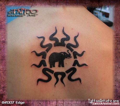Tribal Sun And Elephant Tattoo On Upperback