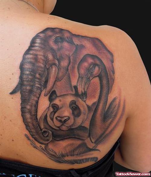 Panda And Elephant Tattoo On Right Back Shoulder