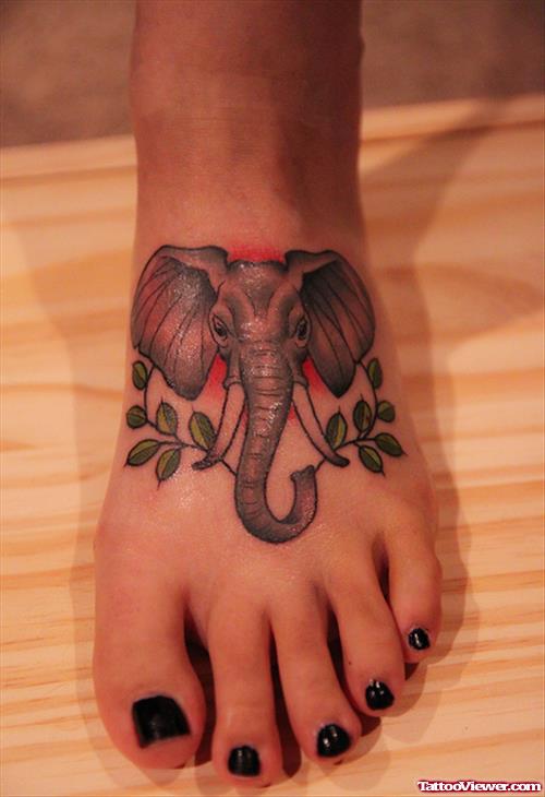Grey Ink Elephant Head Tattoo On Girl Left Foot