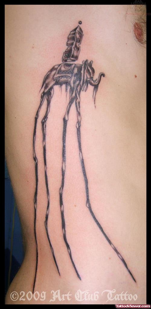 Grey Ink Dali Elephant Tattoo On Man Side Rib