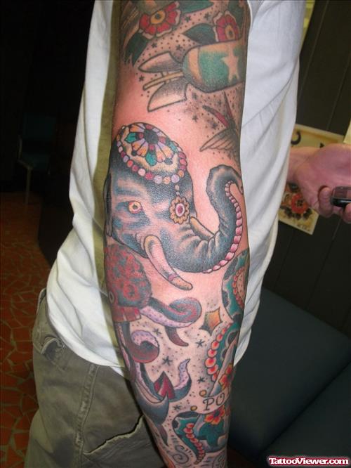 Colored Elephant Head Tattoo On Right Sleeve