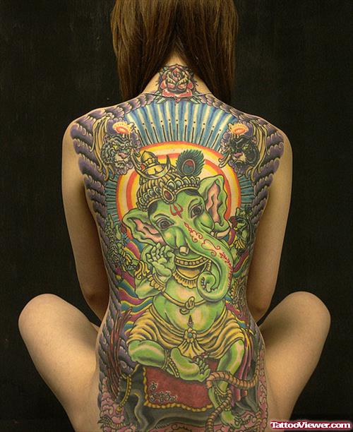 Beautiful Colored Lord Ganersha Elephant Tattoo On Back