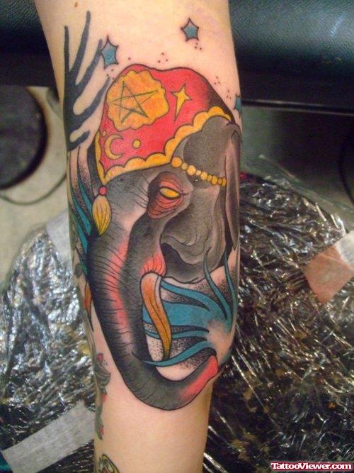 Tiny Stars And colored Elephant Tattoo