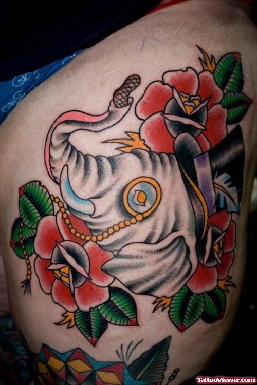 Red Flowers And Elephant Tattoo