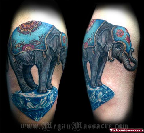 Elephant On Blue Diamond Tattoo Design