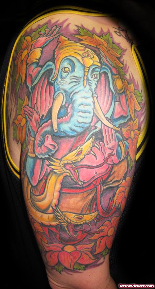 Color Flowers And Lord Ganesha With Elephant Head Tattoo