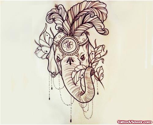 Feather Elephant Head Tattoo Design