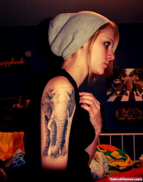 Awesome Grey Ink Elephant Tattoo On Girl Right Half Sleeve