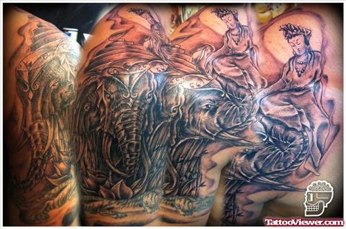 Three Headed Elephant Tattoo On Shoulder