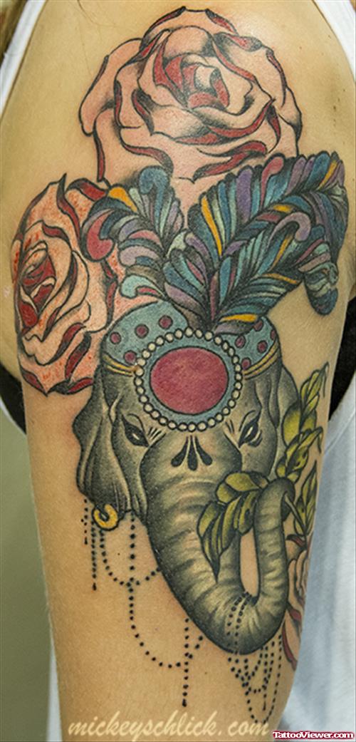 Rose Flowers And Elephant Head With Feathers Tattoo
