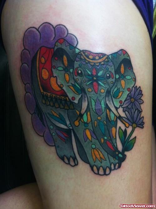 Purple Flowers And Colored Elephant Tattoo